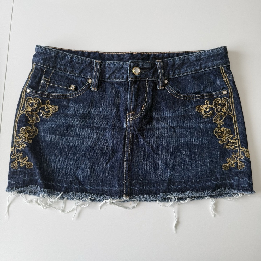 X2 Embroidered Denims Skirt Women's Size 4 Gold Retro Y2K Style Mini Skirt Boho